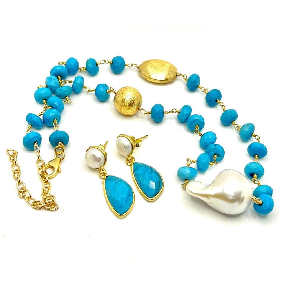 Turquoise And Pearl Jewelry Set: 18k Gold Plated Sterling Silver